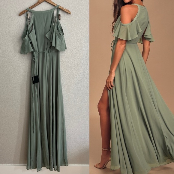 NWOT Easy Listening Sage Green Cold-Shoulder Wrap Maxi Dress - Picture 3 of 5